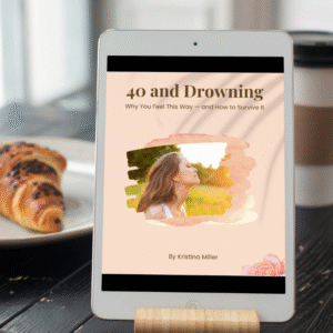 Tablet displaying the cover of 40 and Drowning by Kristina Miller, digital guide for women over 40.